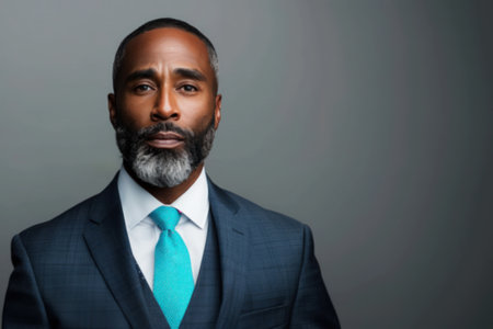 Blurred image confident and serious businessman in a blue suit with a teal tie, posing against a gray background. AI generationの素材