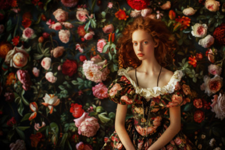 Blurred image portrait of an elegant woman with curly red hair wearing a floral dress, standing against a floral backdrop. AI generationの素材