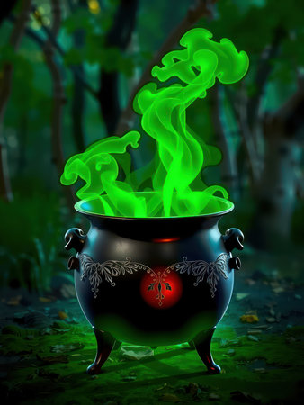 A black cauldron bubbling with bright green potion set in a dark forest, creating a magical and spooky scene. AI generationの素材