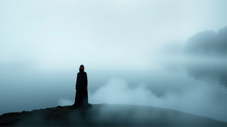 A mysterious figure with glowing red eyes stands in a foggy halloween landscapeの素材