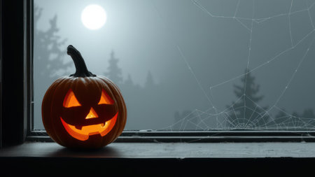 A glowing pumpkin on a windowsill, surrounded by cobwebs on a foggy night. AI generationの素材