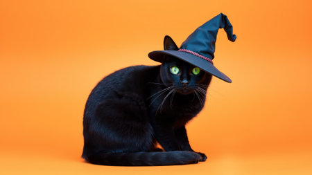 A black cat wearing a pointed witch hat, seated on a bright orange background for Halloween. AI generationの素材