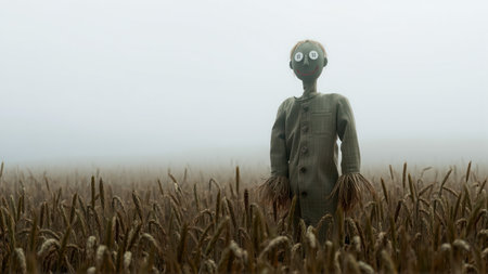 A spooky scarecrow standing alone in a foggy autumn field, creating a creepy atmosphere. AI generationの素材