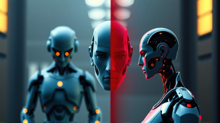 The robot's head is divided by a red line. On one half the robot is a frontal view, and on the other half a side view. Illustrations of the future of robotics. AI generationの素材