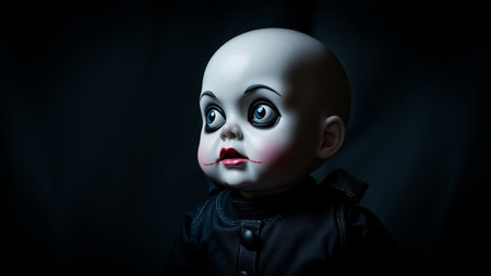 A haunting bisque doll with exaggerated facial features and dark makeup, set against a shadowy backdrop. the eerie expression and stylized face evoke a sense of mystery and intrigue, ideal for horror-themed projects. AI generationの素材
