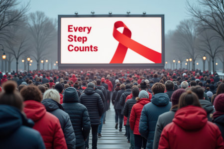 A large crowd in winter attire participates in a world aids day awareness walk, approaching a giant outdoor screen featuring the iconic red ribbon and the slogan every step counts in a misty urban park.の素材