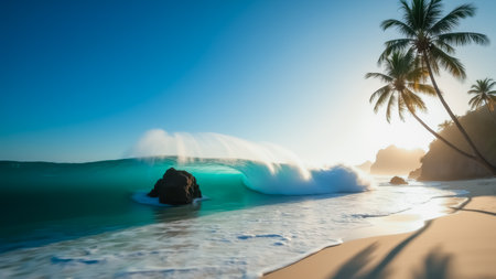 Tropical paradise vibes with a serene sunrise over the ocean, featuring gentle waves crashing on soft sandy shores. vibrant palm trees add to the refreshing coastal landscape, ideal for travel and relaxation themes.の素材