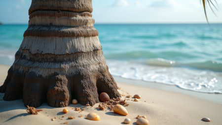 Dawn light illuminates a serene beach with a palm tree base surrounded by seashells. gentle waves meet the shore, creating a relaxing atmosphere ideal for nature, travel, and coastal themes.の素材