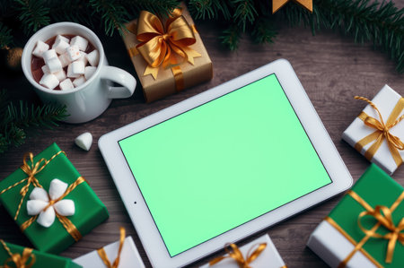 Christmas celebration with tablet for holiday design and gift inspiration.の素材