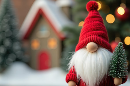 Festive gnome figurine with christmas tree and snowy winter backdrop.の素材