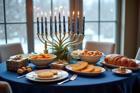 Hanukkah celebration table with menorah, gifts, and food in warm winter setting.の素材