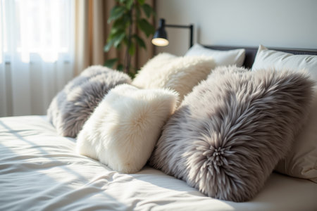 Cozy bedroom setting with fluffy pillows and warm natural light for modern interior design inspiration.の素材