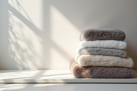 Cozy winter concepts with stacked soft fleece blankets in natural light.の素材