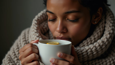 Young african female enjoying warm tea in cozy knit sweater.の素材