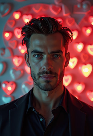 Young caucasian male in front of heart-shaped red lights.の素材