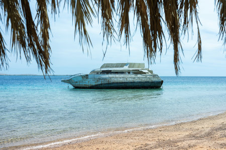 A solitary abandoned boat rests quietly on a tranquil tropical beach under overhanging palm leaves. the scene serene beauty of the turquoise ocean and sandy shoreline, ideal for themes of adventure or escape. the rusted boat adds a touch of nostalgia and mystery to the peaceful coastal scenery. perfect for travel and tourism contexts.の写真素材