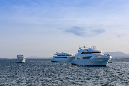A serene coastal scene featuring luxury yachts anchored in tranquil blue waters under a clear sky, evoking a sense of relaxation and adventure. ideal for promoting travel or leisure, the image elegance and peacefulness of a nautical escape. perfect for themes of vacation and marine exploration.の写真素材