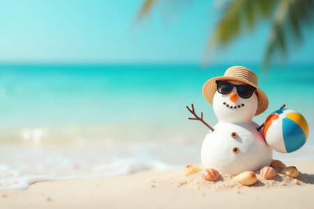 Summer beach snowman with straw hat and sunglasses enjoying a tropical vacation.の素材