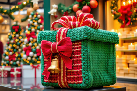 Festive christmas gift box with red bow in holiday decorated setting.の素材