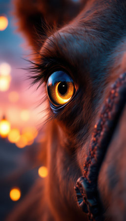 Close-up of a camel's eye at sunset reflecting vibrant lights.の素材