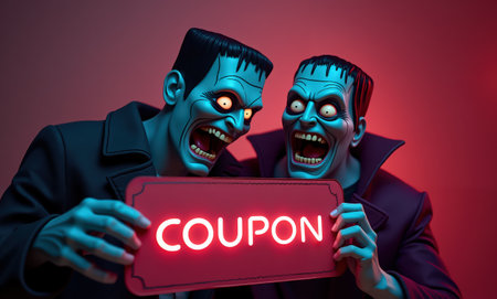 Two Frankenstein holding neon coupon sign.の素材