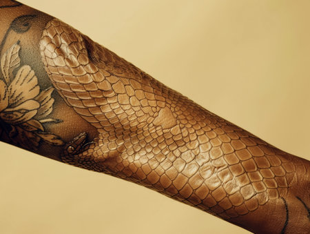 Snake tattoo on arm with floral design.の素材