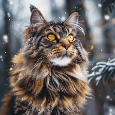 Majestic Maine Coon cat in snowy forest.の素材