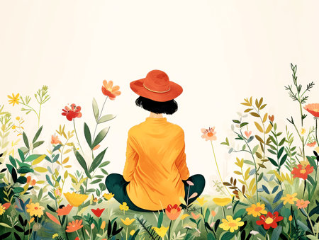 Woman in hat sitting among flowers.の素材