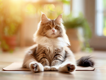 Fluffy cat relaxing on yoga mat.の素材