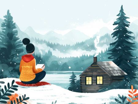 Woman reading near snowy cabin in forest.の素材