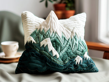 Quilted pillow with mountain design.の素材