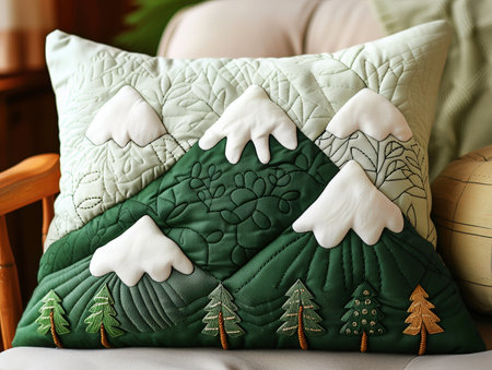Quilted pillow with mountain design.の素材