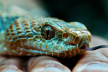 Close-up of snake head with tongue out.の素材