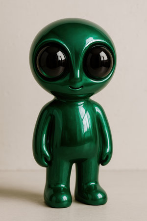 Shiny green alien figurine on textured backgroundの素材