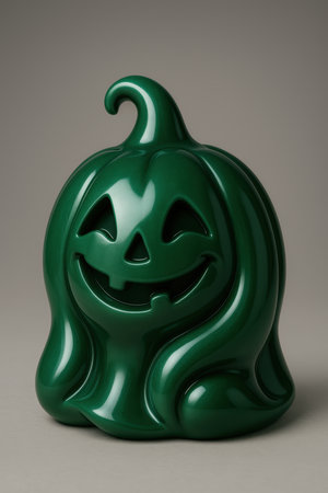 Green ceramic pumpkin with smiling faceの素材