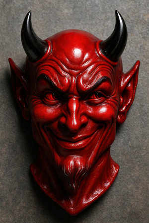 Red devil mask with black horns on textured backgroundの素材