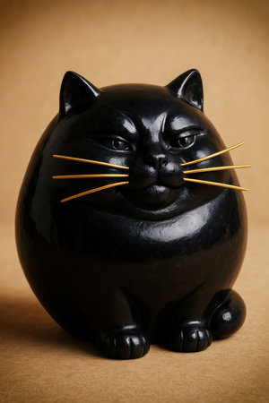 A sculpture of a fat black cat with golden whiskersの素材