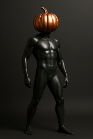 Black mannequin with pumpkin head on dark backgroundの素材