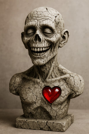 A cracked stone bust of a skeleton with a red heart sculptureの素材
