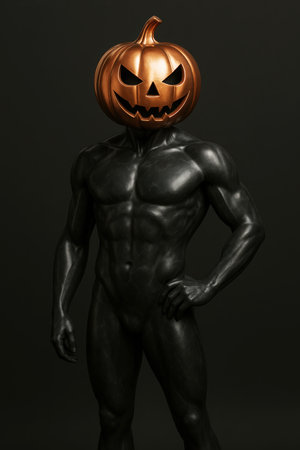 Muscular statue with pumpkin head in studioの素材
