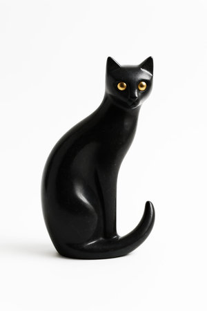 Black cat figurine with yellow eyes on whiteの素材
