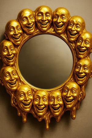 Circular mirror with golden smiling faces frameの素材