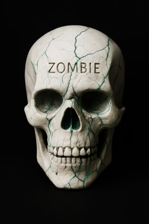 White skull with zombie text and green veinsの素材