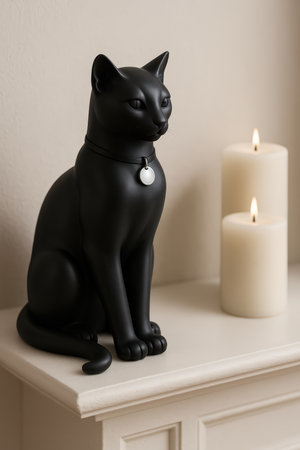 Black cat sculpture with candles on shelfの素材