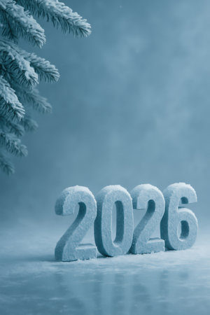 Snow-covered numbers 2026 stand on a frosty surface with a fir branch.の素材