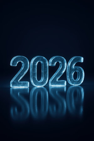 The year 2026 rendered in glowing ice on a reflective dark surface.の素材