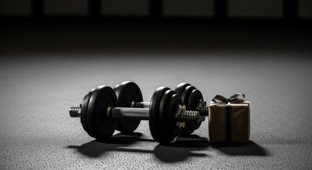 A dumbbell and a luxurious gift box sit side by side on a dark gym floor, symbolizing the reward for dedication to wellness.の素材