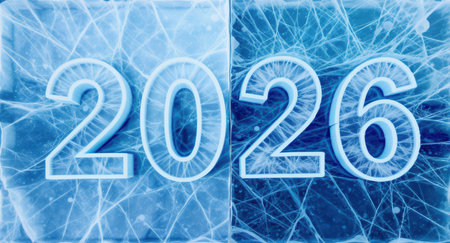 Bright blue ice with frosty white cracks frames the glowing 2026 numbers.の素材