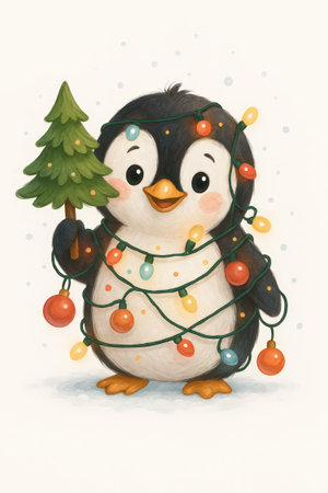 A cute cartoon penguin holds a small Christmas tree while wrapped in festive lights.の素材