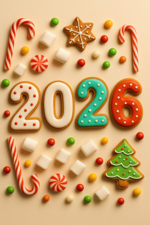 Gingerbread cookies forming the year 2026 surrounded by festive candies and marshmallows on a light background.の素材